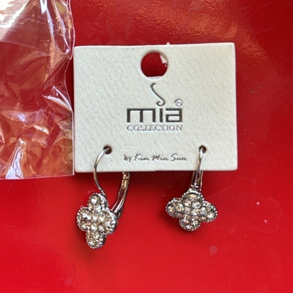 Mia Collection Silver Clover Jeweled Dangle Costume Jewelry Earrings
